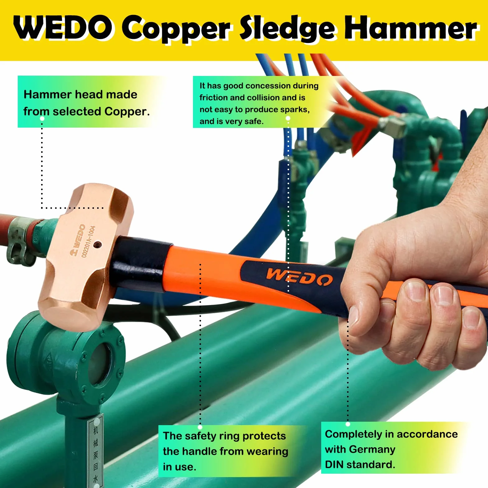 WEDO Martillo de trineo de cobre con mango de fibra de vidrio, mango largo y recto, longitud 400 mm, 4 libras