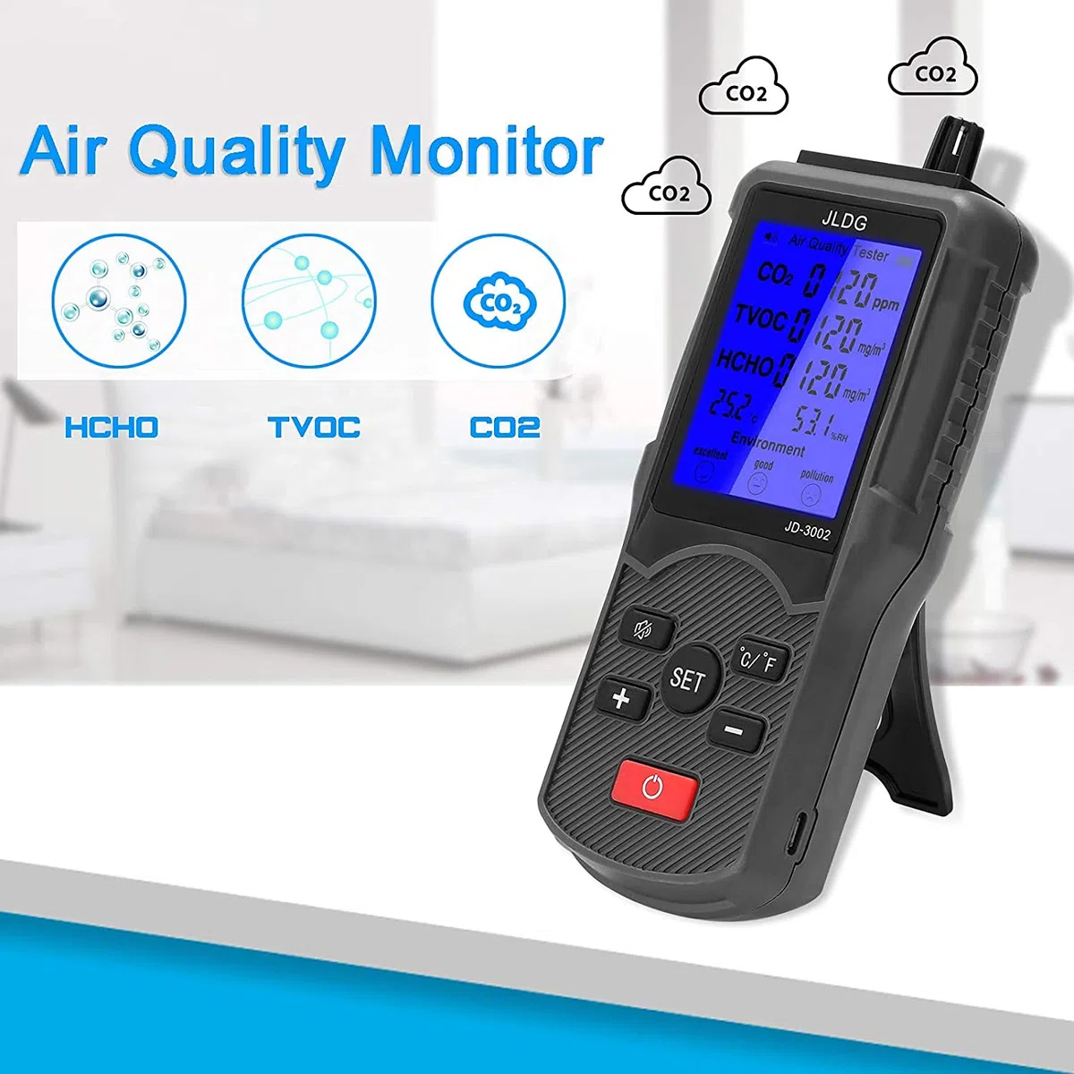 Medidor CO2 PHASAK JD 3002 8 en 1 Negro, Multicolor, Standard, Porta merienda 3D Strong