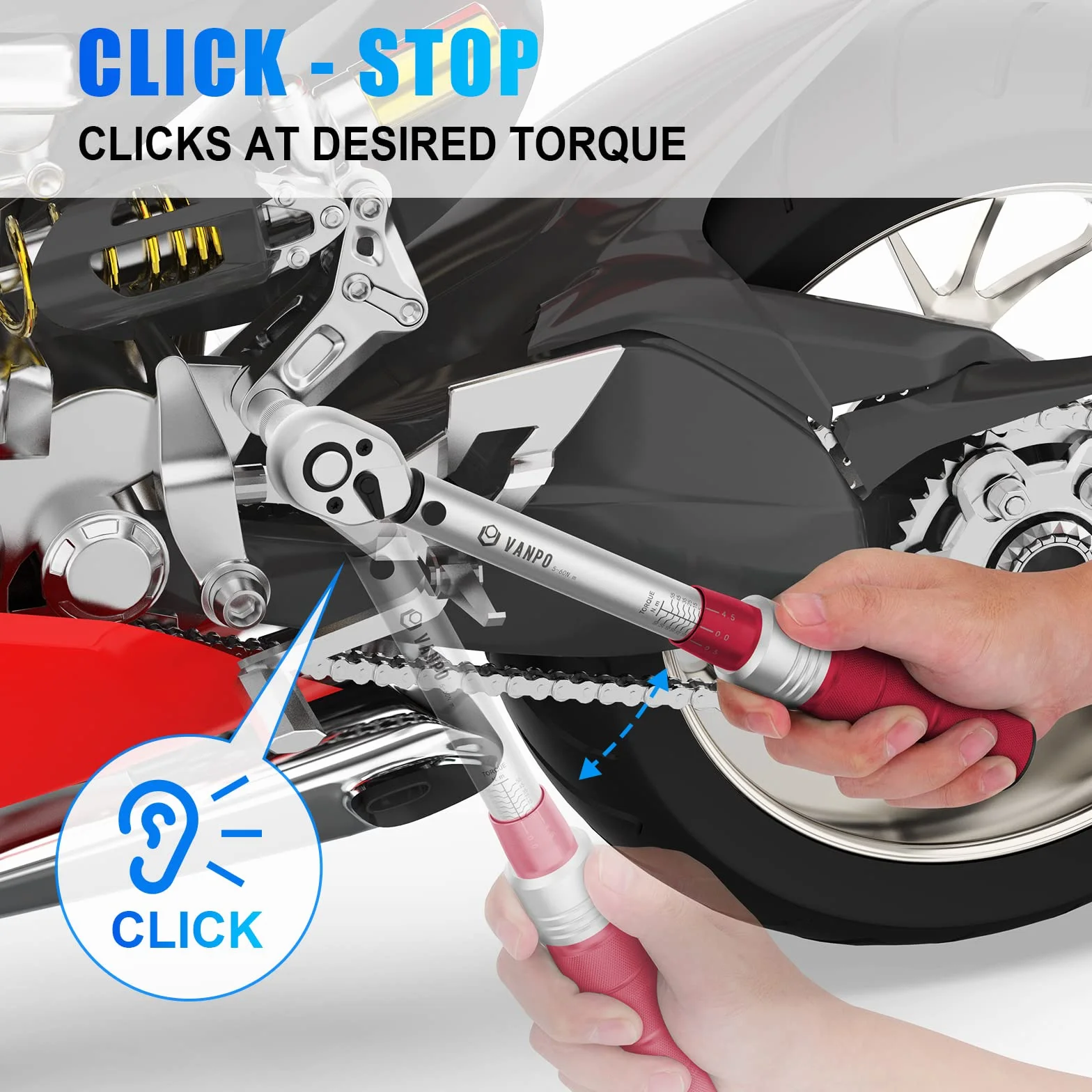 VANPO Llave Dinamométrica 3/8'', 5-60 Nm Llave de Torque, Precisión ±3%, 9 Piezas Juego Llaves Vaso con Extensión, Junta Universal, Magnética Vasos de Bujía, Bits, para Bicicleta, Moto, Coche