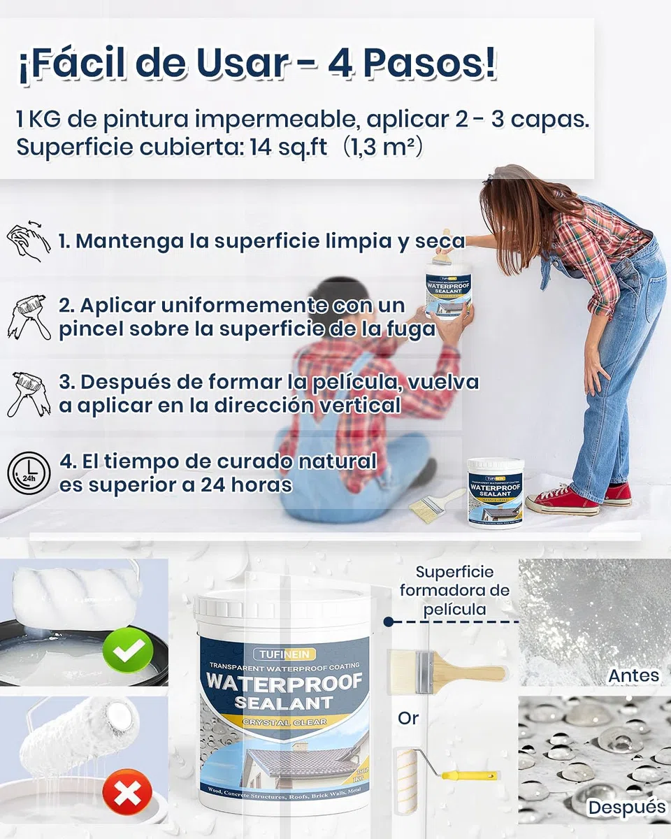 Impermeabilizante Transparente 2 KG, Revestimiento Impermeable Definitivo Interiores y Exteriores, Sellador de Fugas Transparente Revestimientos Impermeables al Agua