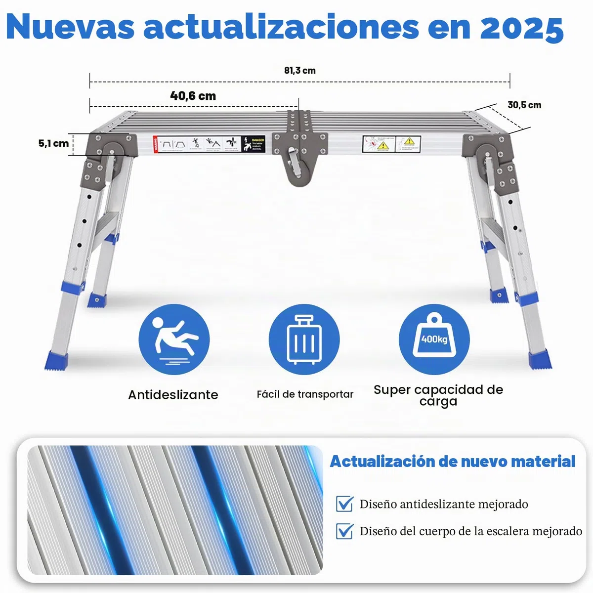 Plataforma de Trabajo de Aluminio Mejorada Plegable hasta 362 kg, Plataforma de Trabajo, Escalera escalonada de Aluminio Ajustable con cerraduras de Seguridad, Pedestal para escaleras