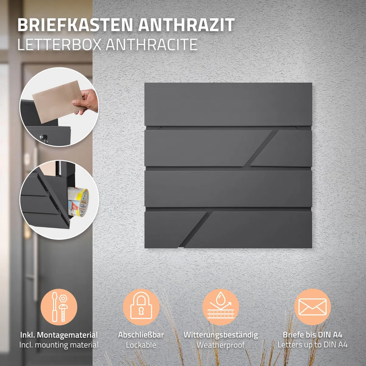 ECD Germany Buzón de Acero Inoxidable Antracita Base Autoportante Exterior con Soporte Poste Antracita Casillero Moderno con Compartimento para Periódicos y Cerradura con 2 Llaves Incluidas