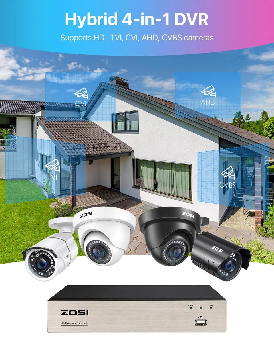 ZOSI 5MP Lite DVR 8 Canales H.265+ 1080p CCTV Grabador, Compatible con Cámaras de Vigilancia AHD/TVI/CVI/CVBS, con Acceso Remoto, Alarma de Movimiento, 2TB Disco Duro