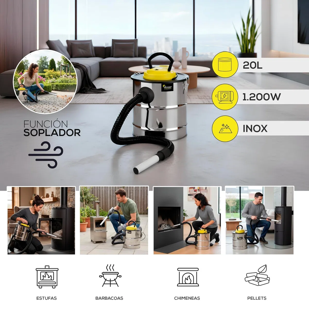 Aspirador de Cenizas - Chimenea, Pellet y Barbacoas - Potencia de 1.200W - Capacidad de 20 L - Fabricado en Acero Inoxidable - Incluye Manguera de 1m y Funda para Filtro - Función Soplador - Dicogar