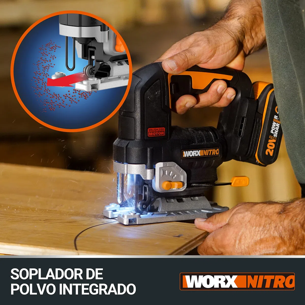 WORX Sierra de calar 20V | Power Share | WX542.9 Potente motor sin escobillas | 3 posiciones, penduleo y tubo de aspiración | sin batería ni cargador | Caja de cartón