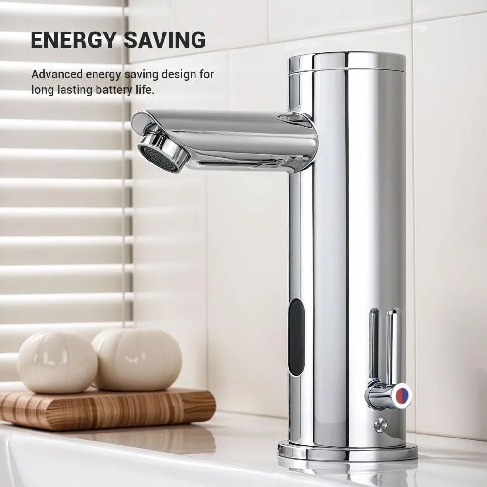Grifo automático para lavabo de baño sin contacto, sensor activado por movimiento, grifo de latón sin contacto con mango de control de temperatura ajustable para tocador del hogar, comercial y uso de