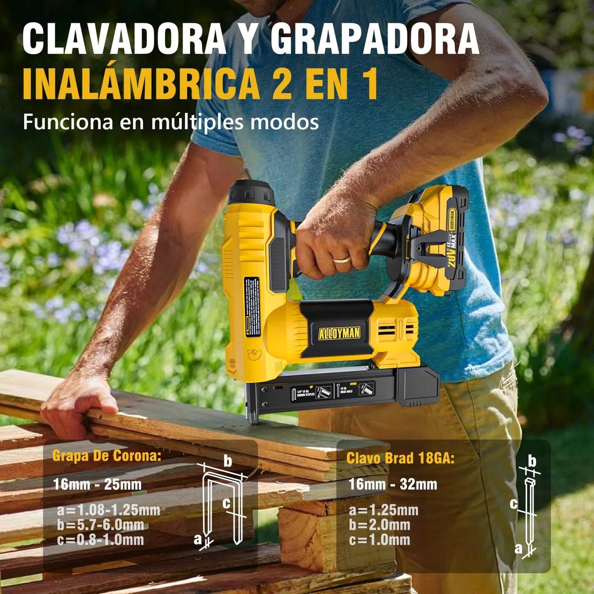 Alloyman 20V MAX Pistola de Clavos y Grapadora Eléctrica Inalámbrica 2 en 1, Clavadora 18GA con Batería 2,0Ah y Cargador, Incluye 1000 Clavos y 500 Grapas, para Bricolaje y Carpintería