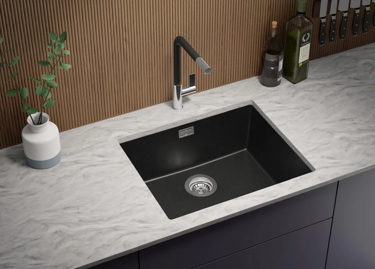 PRIMAGRAN Fregadero bajo Encimera Negro 56x47cm, Cocina 1 Seno + Sifón, Granito al Mueble 60cm - London S297