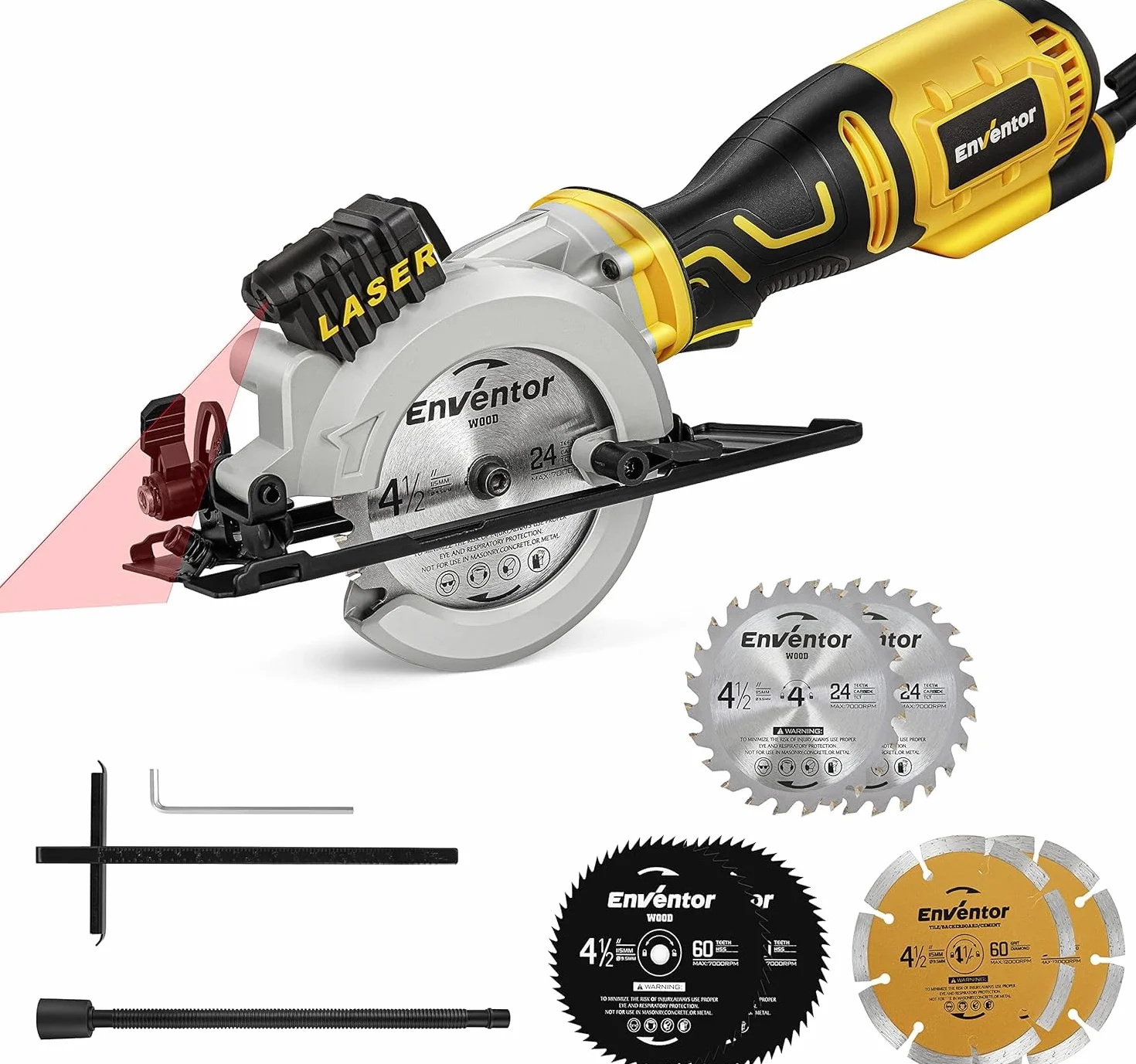 ENVENTOR Mini Sierra Circular 705W, Mini Sierra Circular de Mano 3500RPM, Guía Láser, 6 Hojas de Ø115mm, Corte: 42.8mm/90º, 28mm/45º, para Cortar Azulejo, Madera, Metal Blando