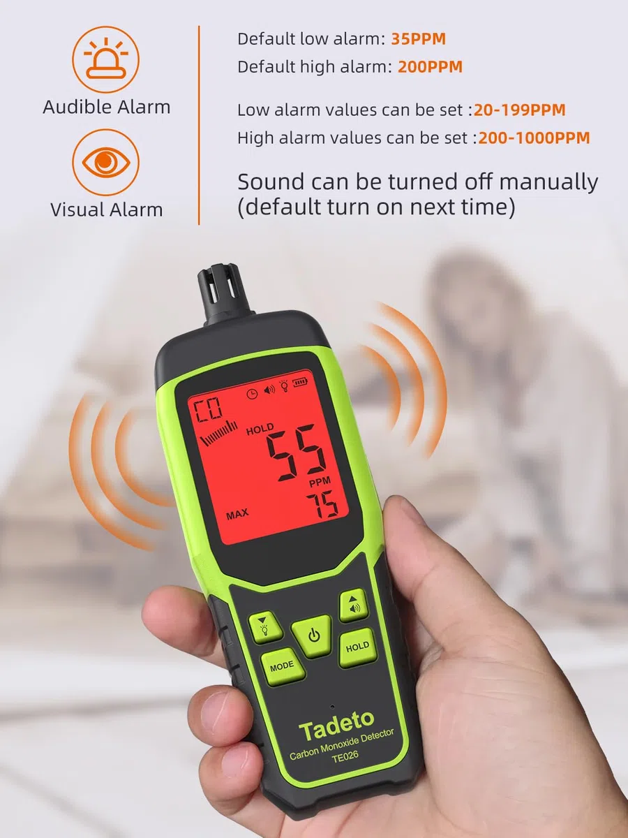 Detector de Monóxido de Carbono, Detector de CO Portátil Tadeto con Alarmas Acústicas y Visuales, Sensor Profesional CO Warner para Uso Interior, Exterior e Industrial (Pilas Incluidas x 3)