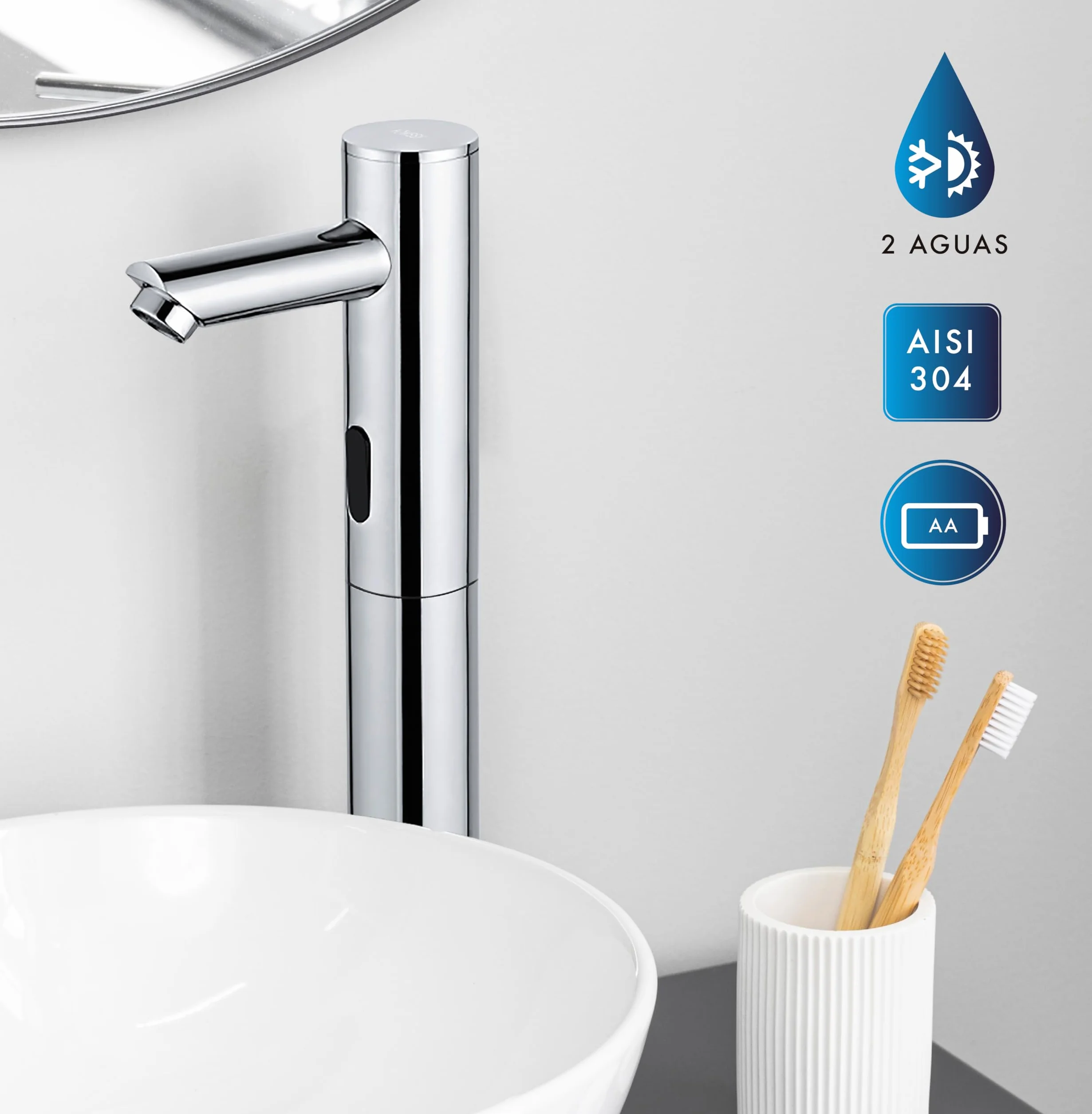 Grifo Electrónico Alto con Sensor, Grifo Automático de 2 Aguas con Sistema Premezclador, Sensor Infrarrojo sin Contacto, Mezclador de Agua Fría y Caliente, Latón Cromado Resistente (2 Aguas)