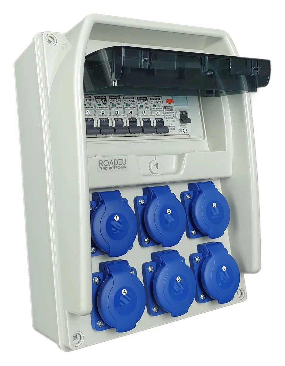 RoadEu - Distribuidor de Corriente Eléctrica. Caja cuadro electrico 6x 230V, con interruptor magnetotérmico diferencial de 25A y interruptor automático C16A. Ideal para Taller, Cobertizo y Fábricas