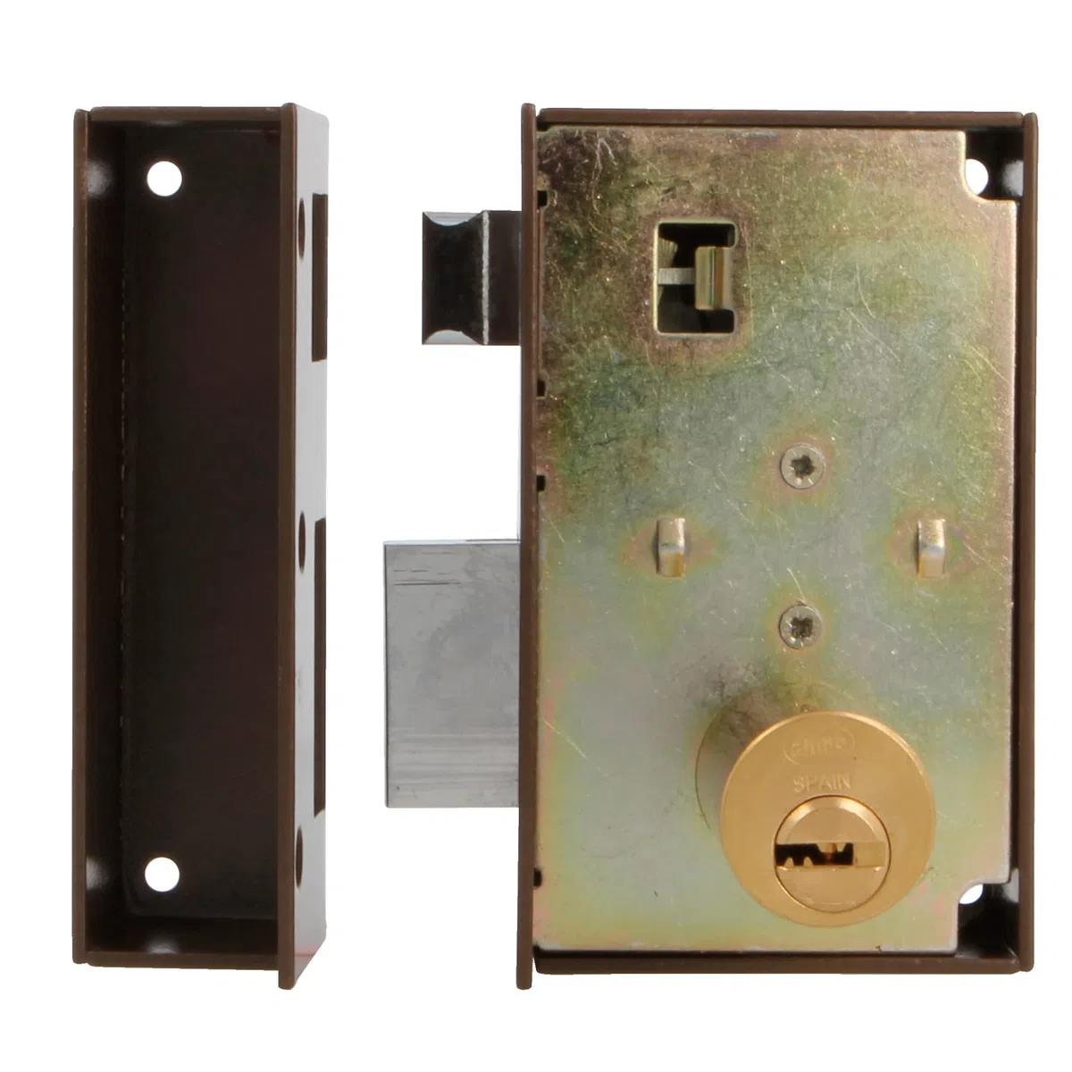 Amig - Cerradura de Sobreponer de Derecha con Palanca de Cierre - Tirador para Puertas de Madera - Mod. 75 67 x 112 mm - Cilindro Redondo de Seguridad - Acero - Marrón
