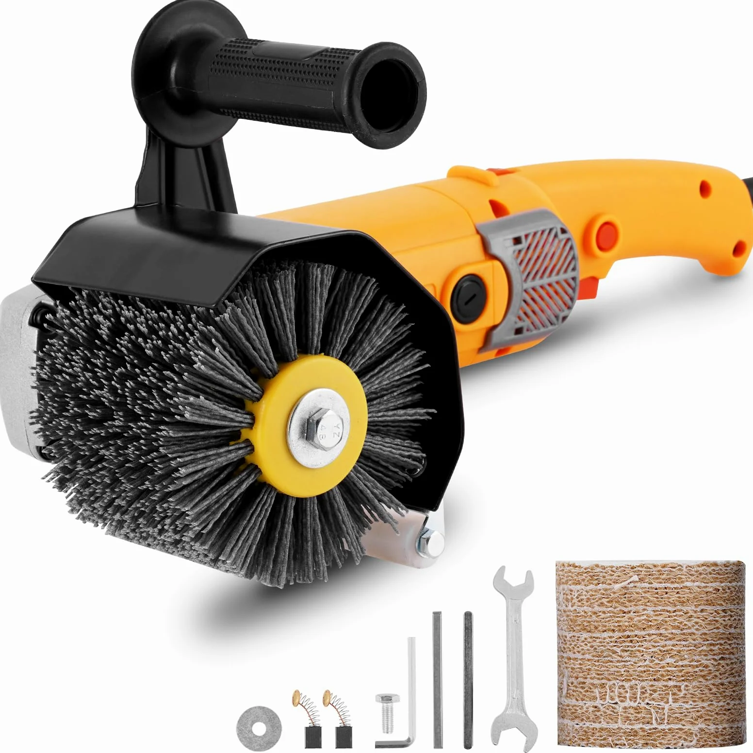 MXBAOHENG Máquina de satinado lijadora de rodillo Pulidora eléctrica de 3200W 8 velocidades ajustables con 1*Rueda de alambre abrasivo y 1*Rueda de lino (amarillo EU)