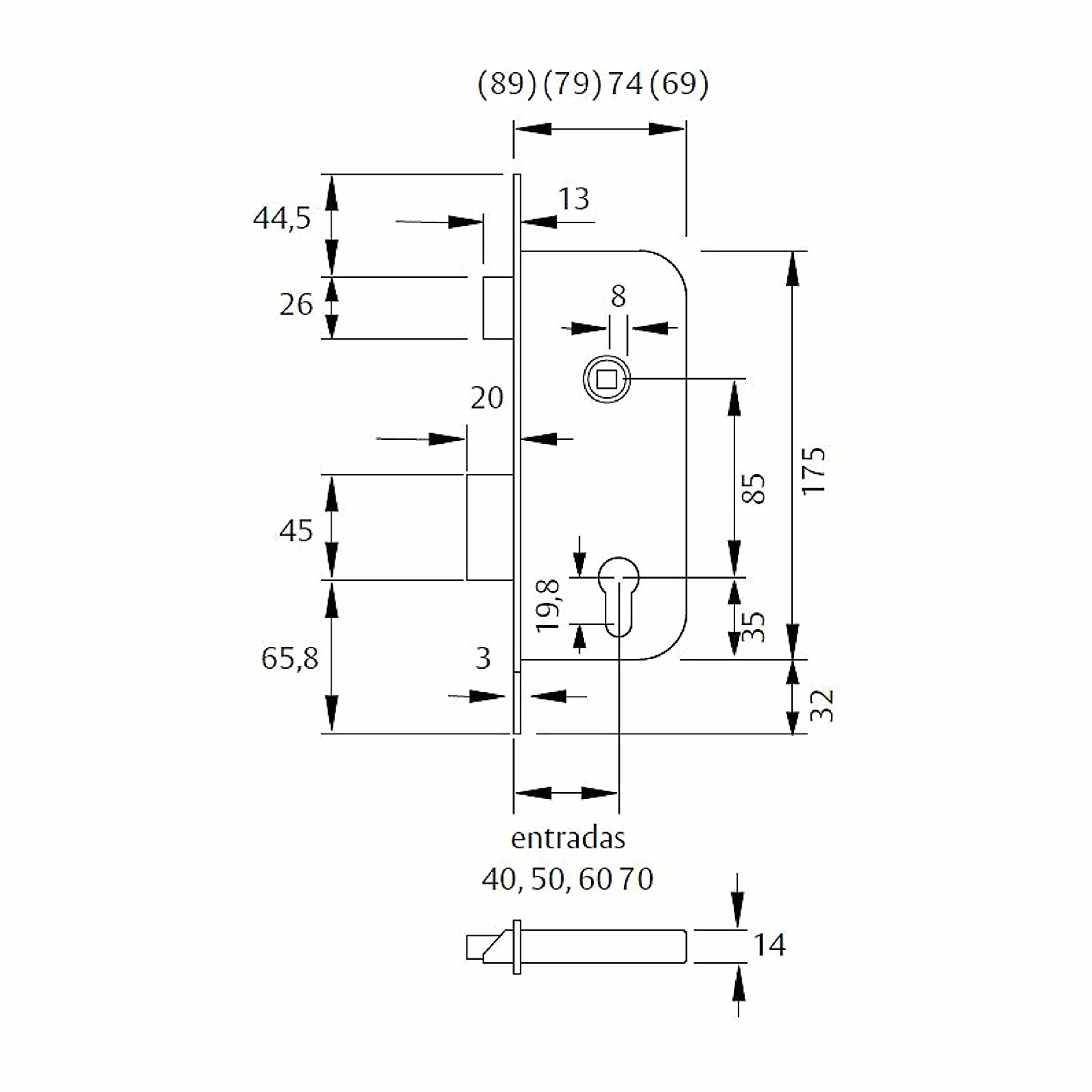 TESA 203050HL Cerradura De Embutir Para Puertas De Madera Con Cilindro Latonado Entrada 50 mm, Frente Cuadrado 2030