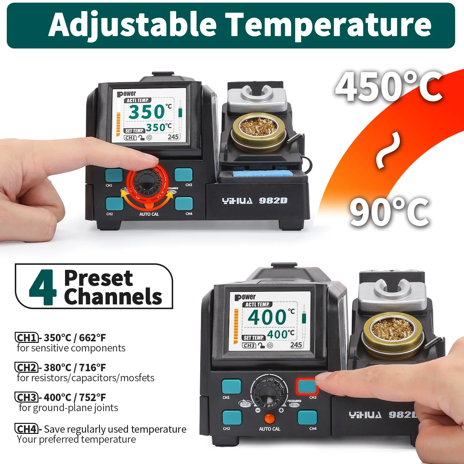 YIHUA 982D Estacion de Soldadura de Precisión con 3 Puntas de Soldador C210 y 3 C245, Alambre de Soldar sin Plomo, Empuñadura Compatible con C210 y C245, Calibración Automática de Temperatura