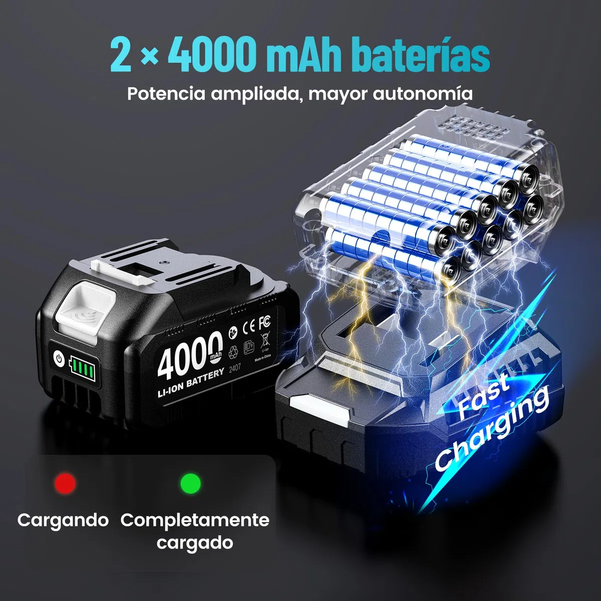 1400 Nm Llave de impacto inalámbrica 1/2", 2 baterías 4000 mAh con cargador rápido, 21V Llave de Impacto Eléctrica motor sin escobillas de alto rendimiento ideal para coche, camión, garaje