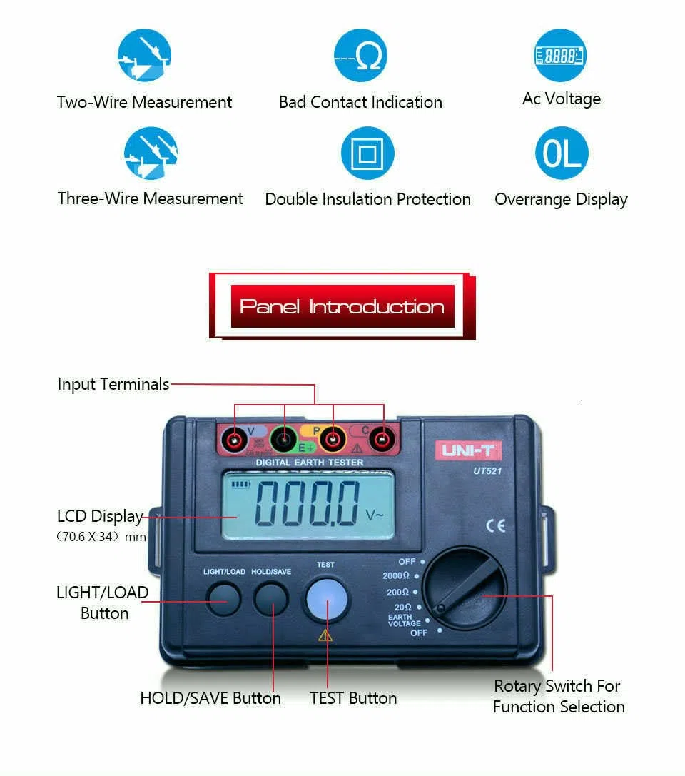 UNI-T UT521 UT522 Digital Earth Tester Ground Resistance AC Earth Insulation Resistance Tester light weight design Ground Resistance Tester Ground Resistance Voltmeter(UT521)
