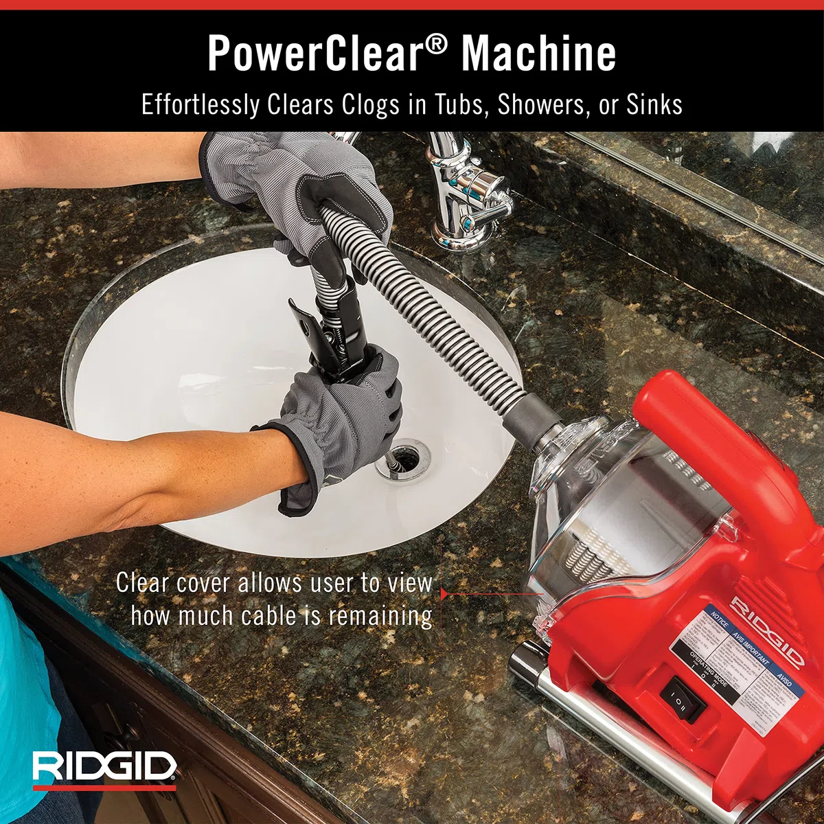 RIDGID PowerClear - Kit de máquina de limpieza de drenaje de 120 voltios para bañeras, duchas y fregaderos