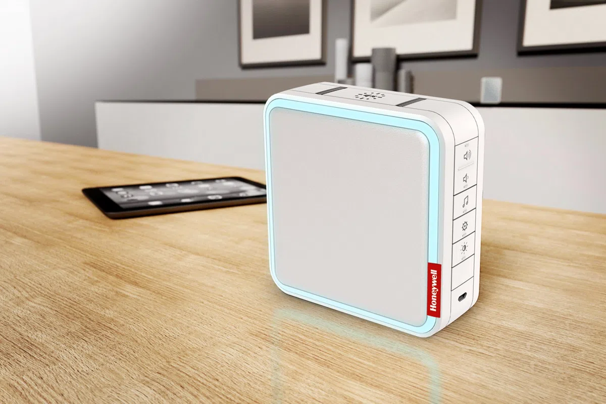 Honeywell Home DC917S Serie 9, Timbre Portátil, Inalámbrico, con Led, Pulsador y Melodía MP3 Personalizable (Blanco)