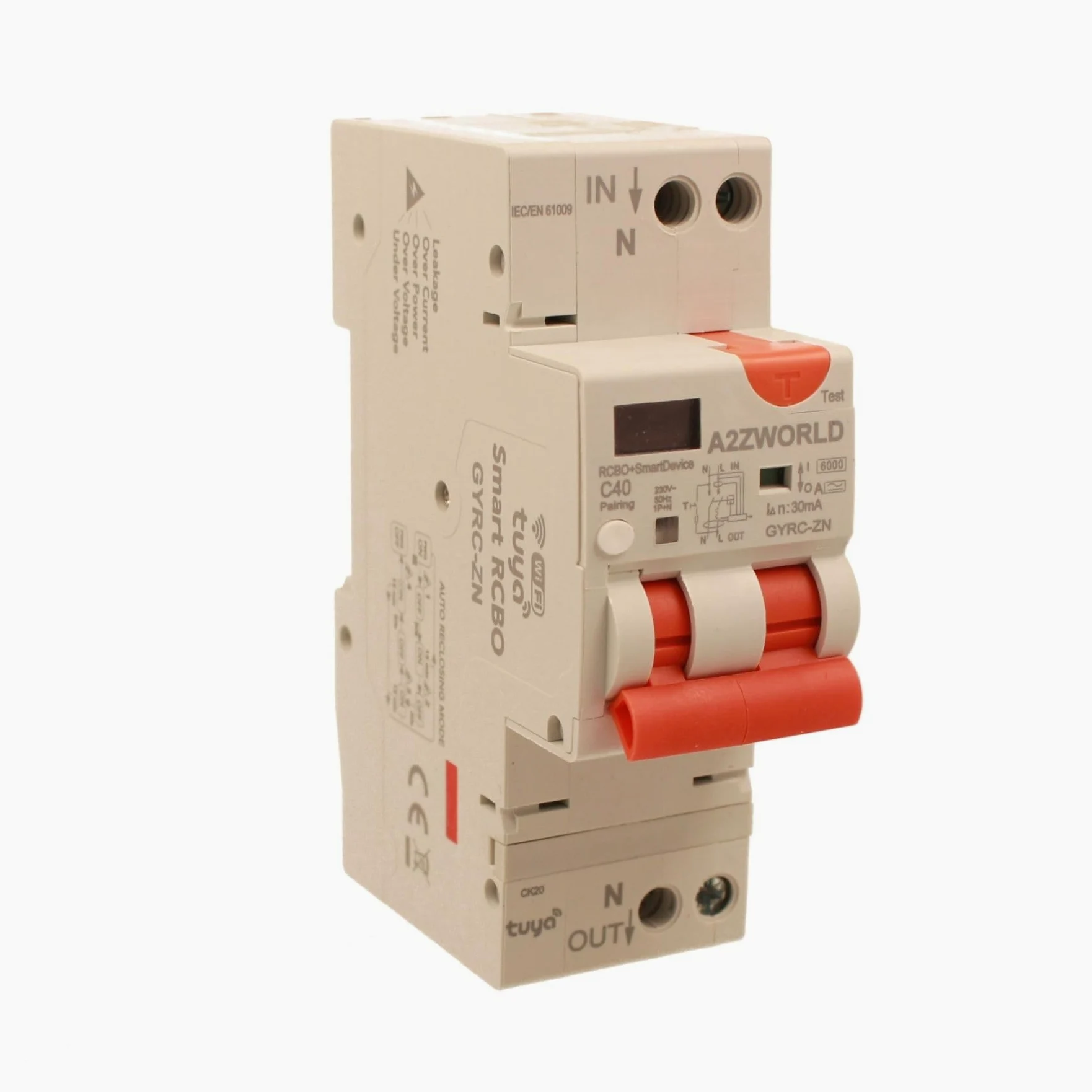 Interruptor diferencial magnetotérmico WiFi con rearme automático y pantalla, tipo A curva C 30 mA 220 V, corriente nominal ajustable 20-40 A, 2 módulos DIN, App Tuya Smart Life