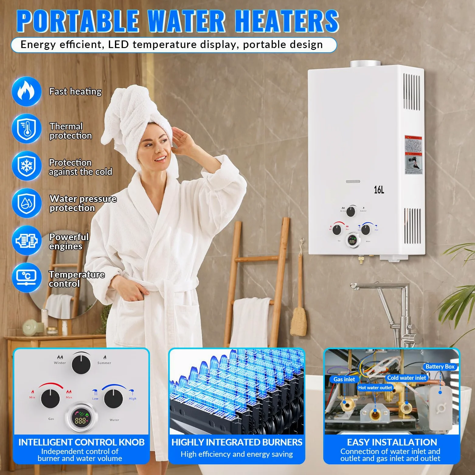 Calentador de Agua a Gas, 16L Calentador de Agua LPG Instantáneo, Calentador de Agua Sin Tanque Con Pantalla LED, Para Duchas al Aire Libre [Clase de eficiencia energética A]