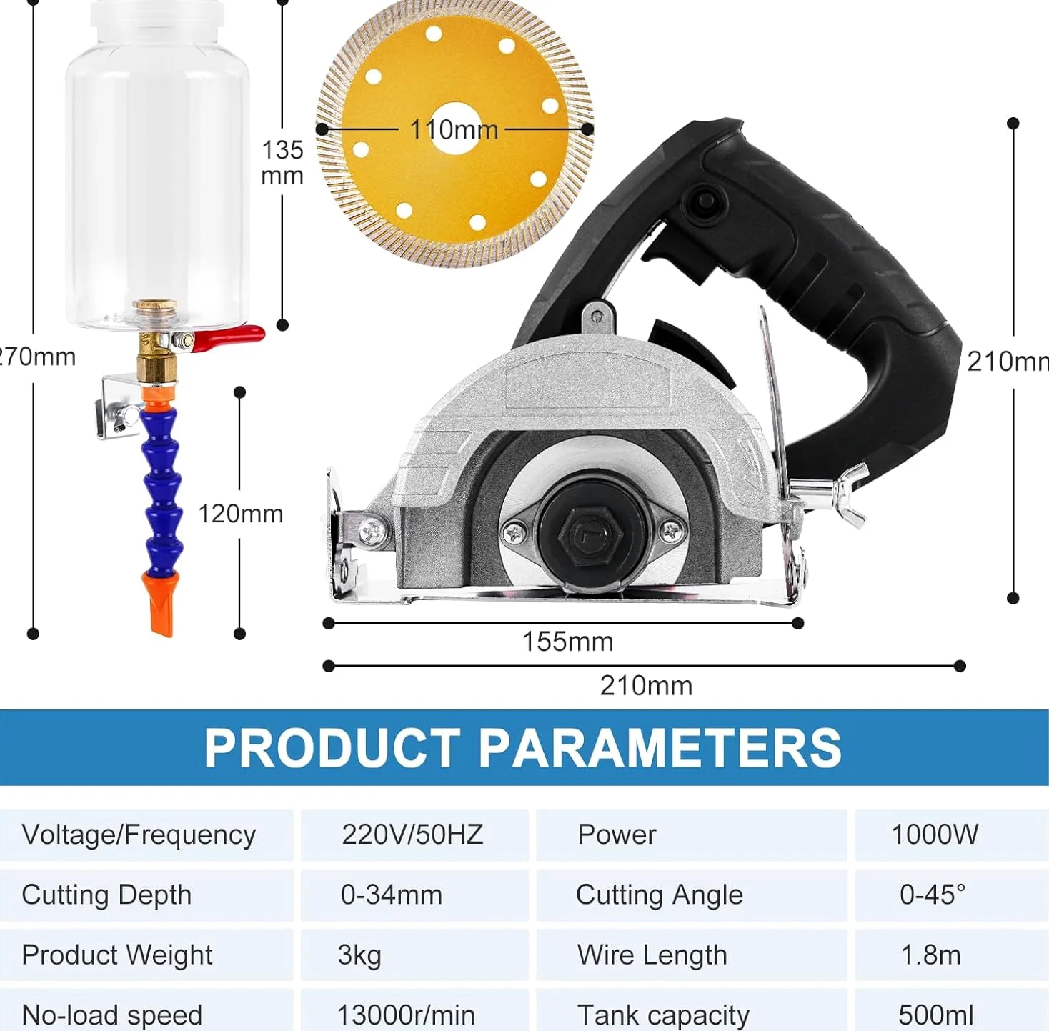 MXBAOHENG Cortadora de Azulejos Electrica con 2 hojas de sierra de 103 mm 1000 W Sierra Circular para Cortar Azulejos, Ajuste del ángulo de 0-45°, Ajuste de Profundidad 0-34 mm, con Depósito de Agua