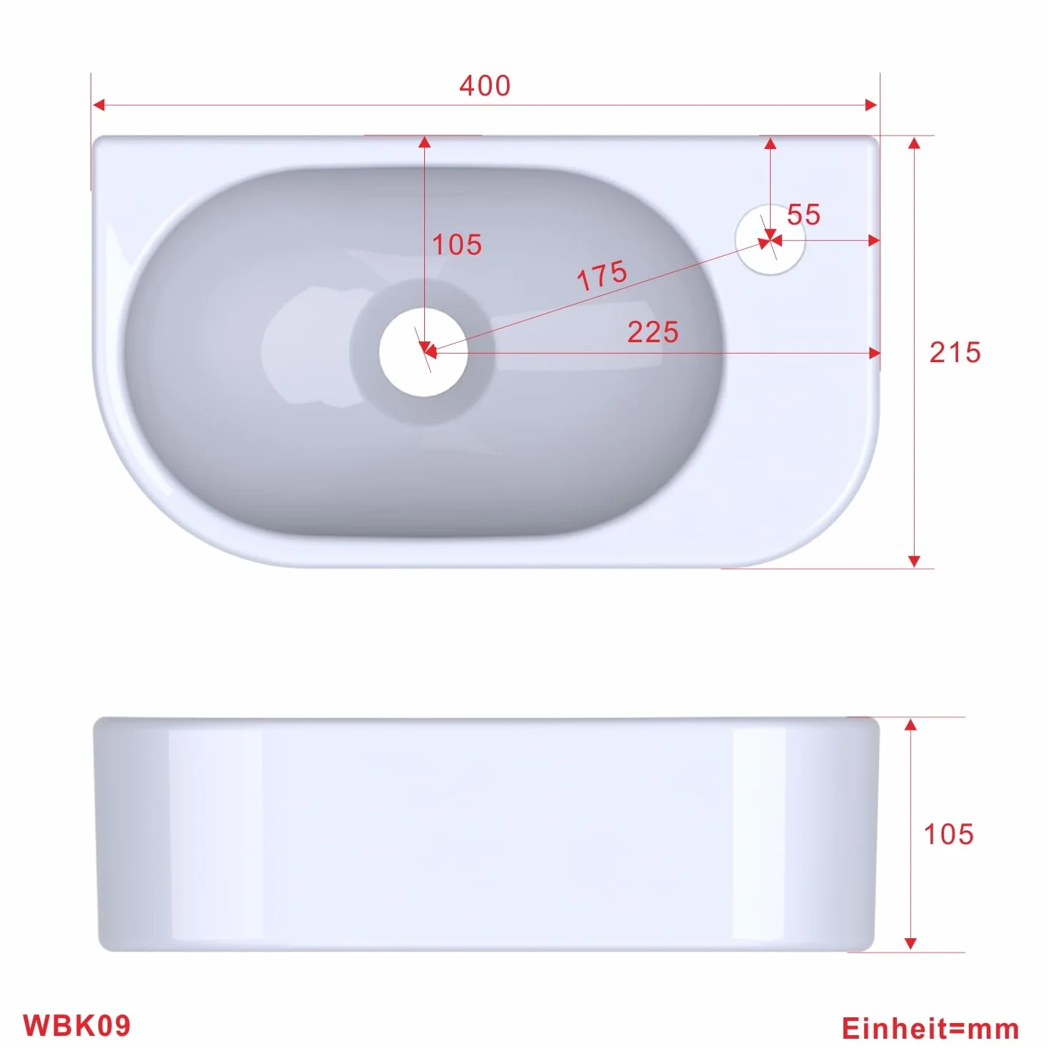 Lavabo de cerámica para lavabo, pequeño, ovalado, 40 x 21 cm, para cuarto de baño, para invitados, orificio para grifo a la derecha con tornillos de bastón, sin rebosadero, sin grifo, sin válvula de