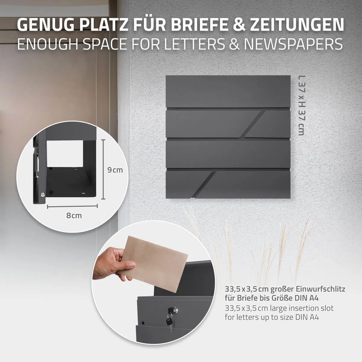 ECD Germany Buzón de Acero Inoxidable Antracita Base Autoportante Exterior con Soporte Poste Antracita Casillero Moderno con Compartimento para Periódicos y Cerradura con 2 Llaves Incluidas