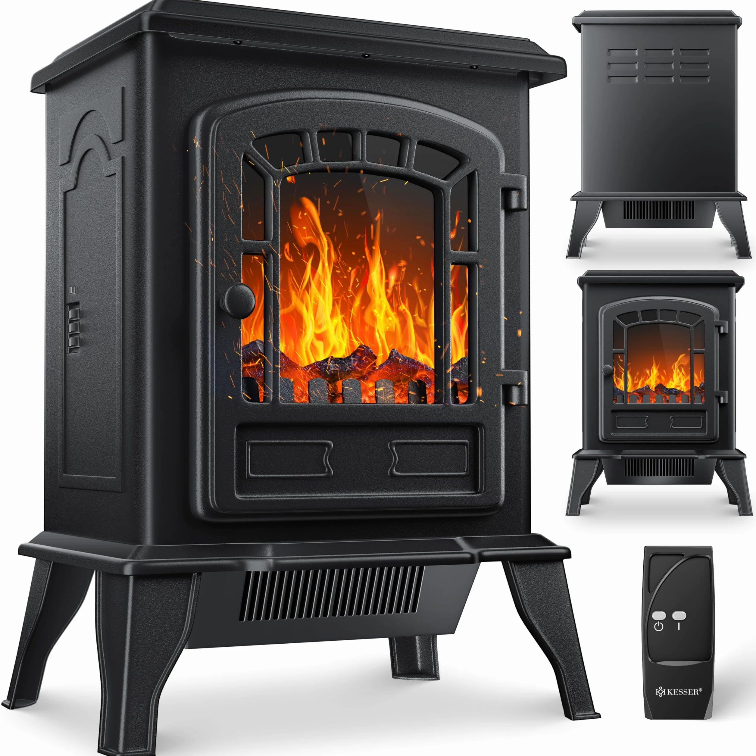 KESSER® Estufa eléctrica con Ventilador de 2000W Calentador eléctrico Estufa LED Efecto Llama, bajo Ruido, Ajustable, Negro