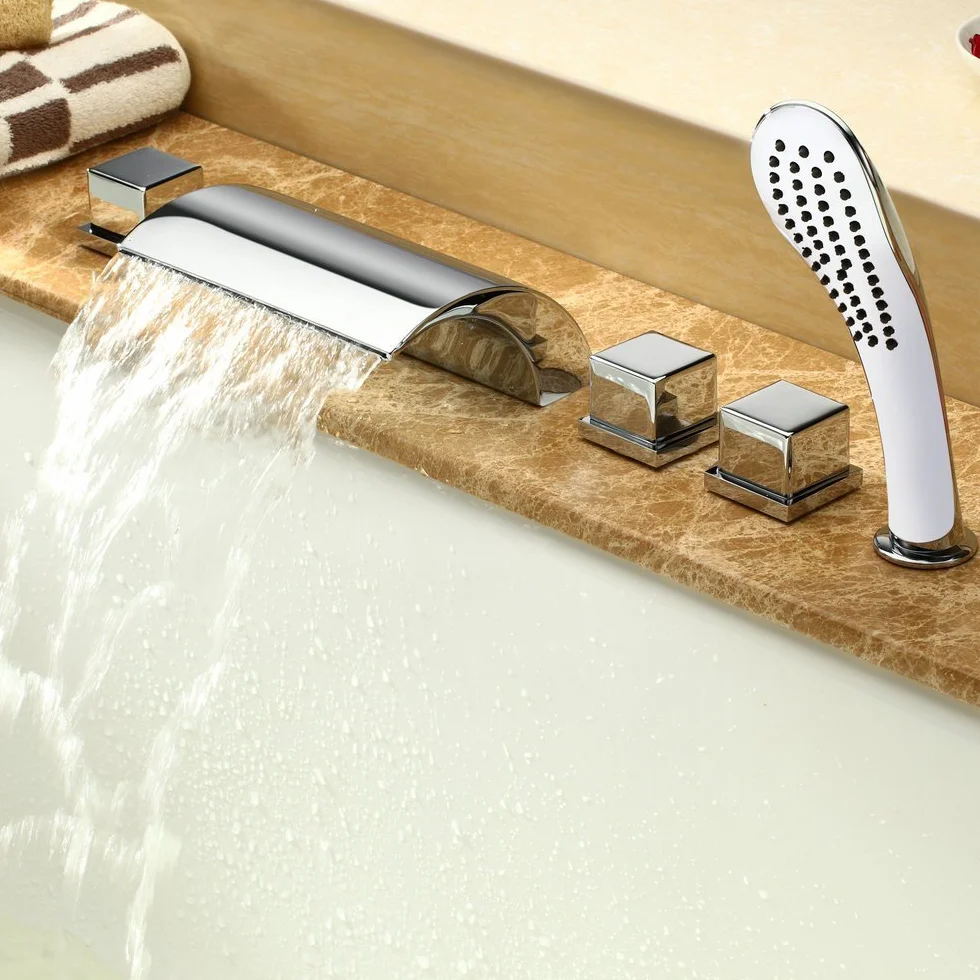 Conjunto para bañera de manguera para ducha de mano y grifo mezclador con efecto cascada y lluvia, cromado, 5 unidades
