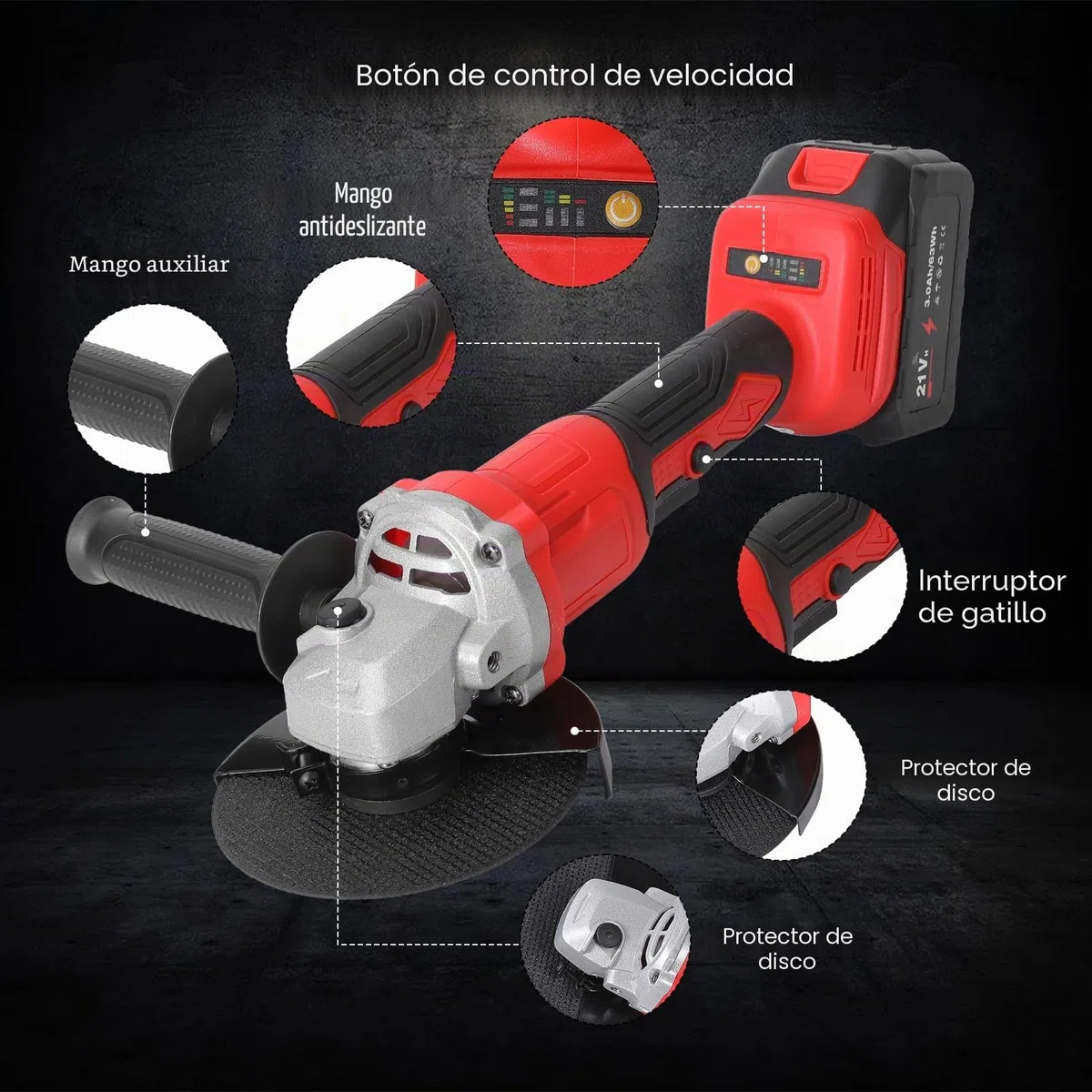 Amoladora Angular a Batería 2x 3000 mAh& Cargador Rápido, 21V, 125 mm Amoladora Angular Eléctrica sin Escobillas con 6 Discos para Cortar, 3 Velocidades, 12.000 RPM, para Cortar, Desbastar