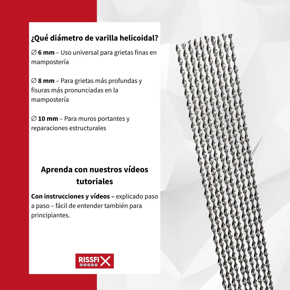 Varillas helicoidales de acero inoxidable – 10 unidades de 1 m – para la reparación de grietas en mampostería (⌀ 8 mm)