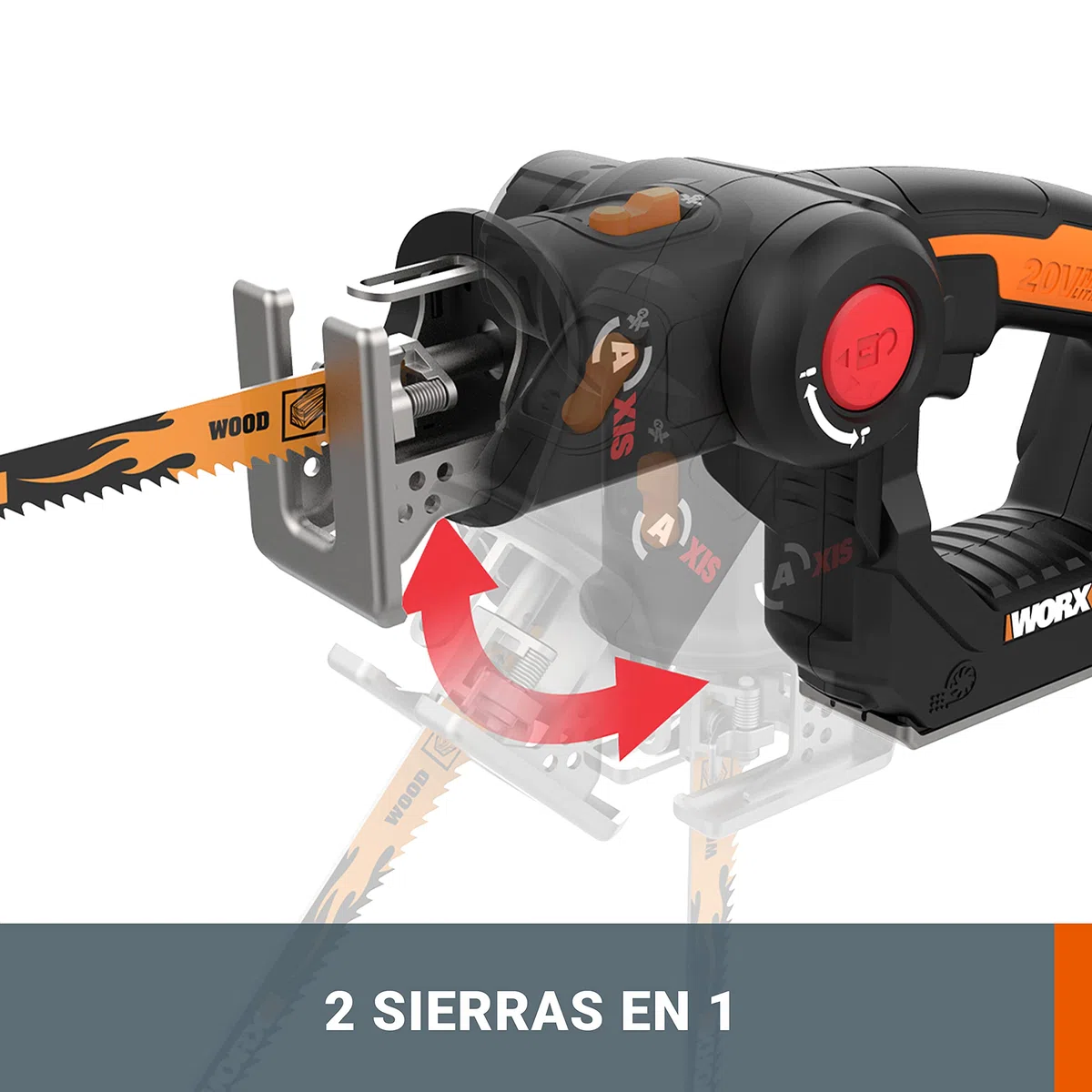 WORX WX550.9 Sierra Calar y Sable AXIS 2 en 1 20V Sin Batería, Cambio Rápido de Hoja, Movimiento Pendular, Soplador, Doble Encendido, LED