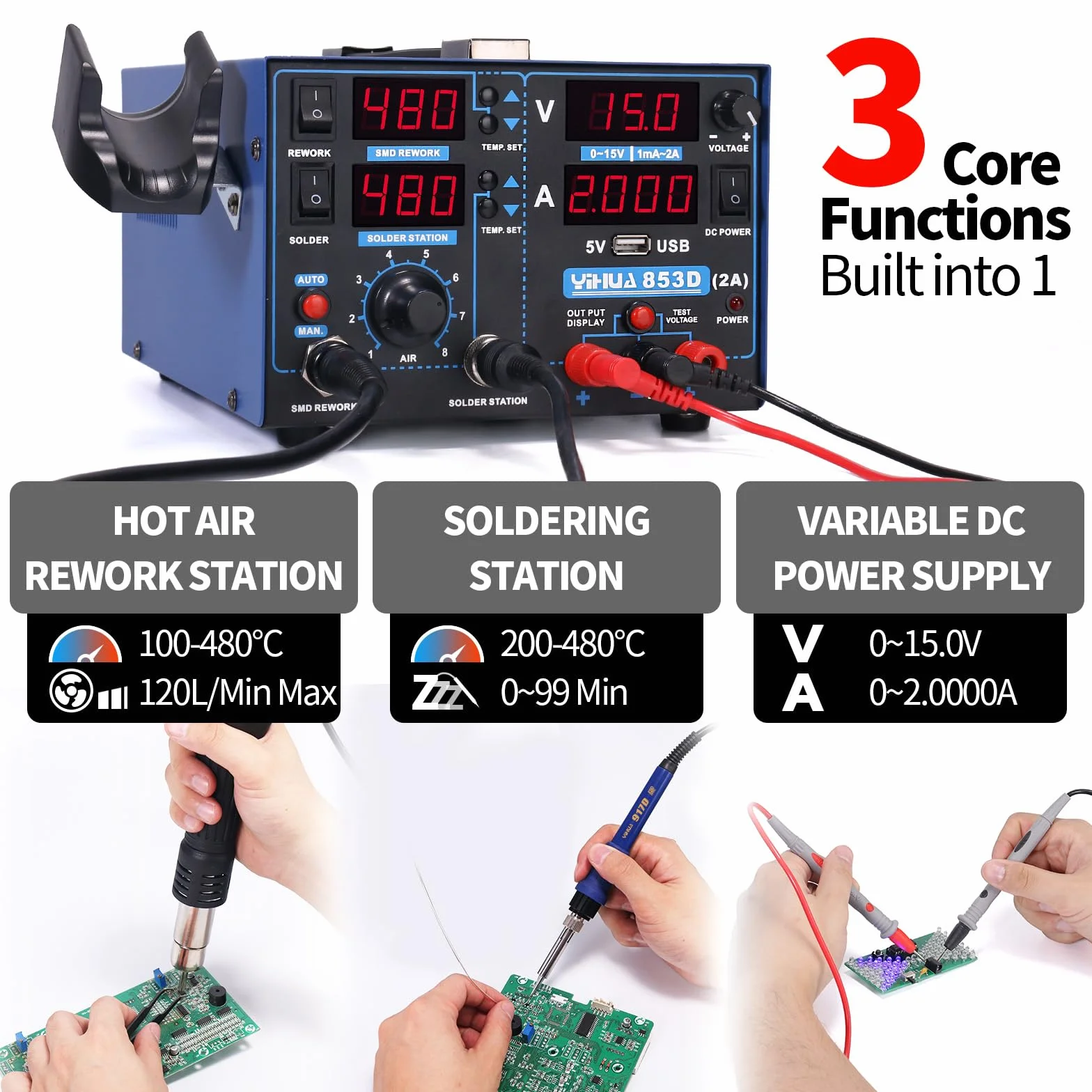 YIHUA 853D 2A USB Estación de soldadura y estación de soldadura de aire caliente alimentador 0-15VDC Estación 3 en 1 con puerto de carga USB5V voltímetro de 35VDC para reparación de teléfonos móviles