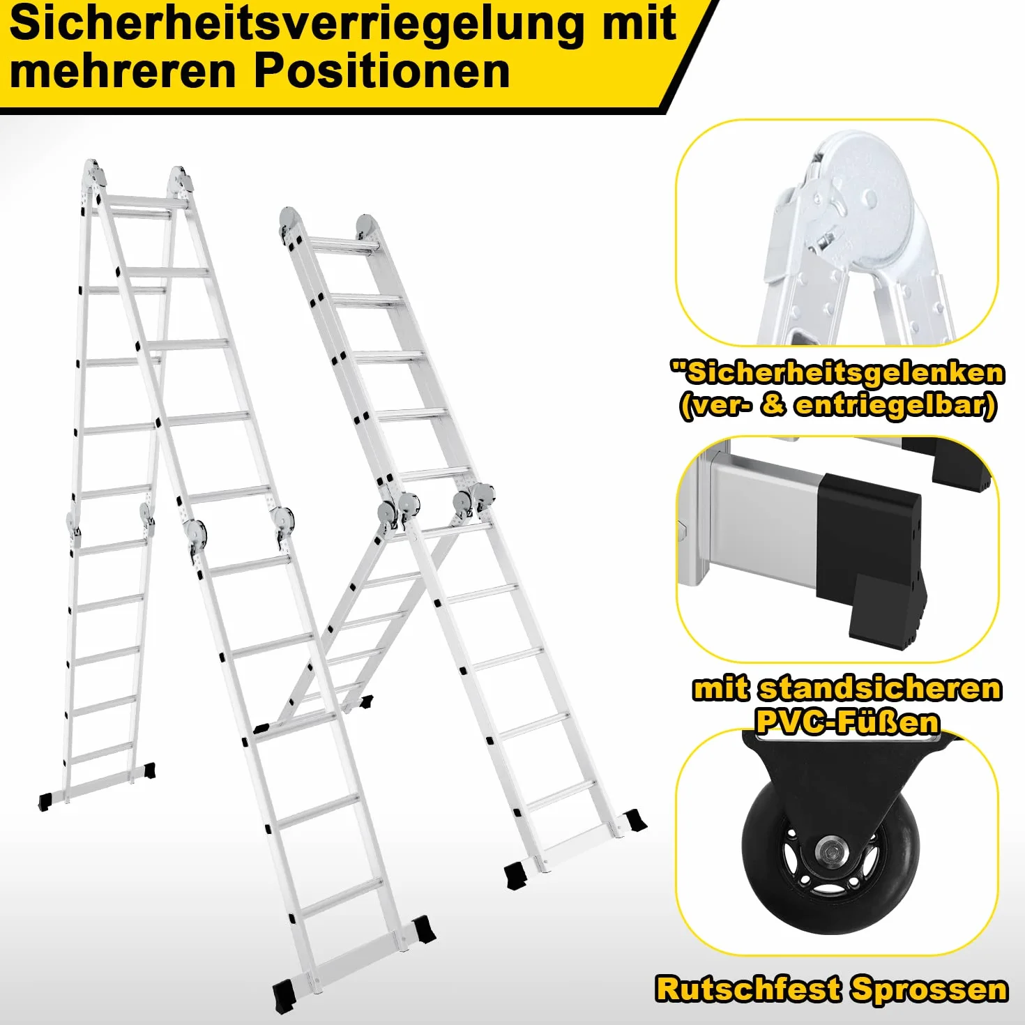 Ikodm Escalera multifunción de Aluminio de 4 x 5 peldaños, 5,82 m, 7 en 1, hasta 150 kg, con 2 Ruedas de Transporte y 2 Plataformas, Escalera articulada Plegable