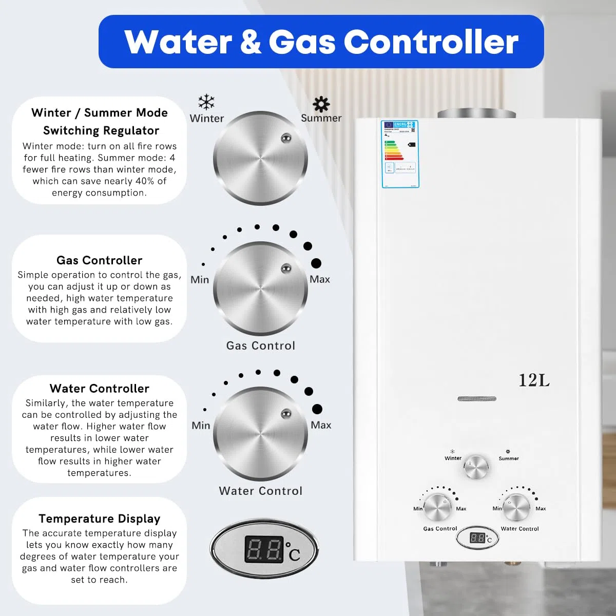 Xverycan Calentador de agua de gas de 12 litros, 24 kW, GLP, propano butano, sin tanque, para uso doméstico, camping, caravanas, cabinas al aire libre, graneros