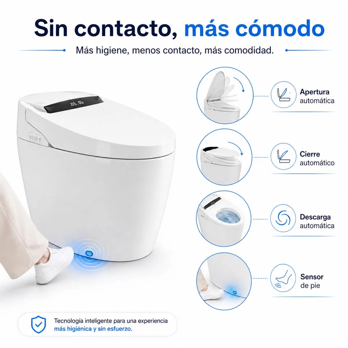 Inodoro Inteligente Completo | WC con Bidet y Secado | Diseño sin Cisterna | Lavado Trasero y Femenino | Apertura Cierre y Descarga Automática | Sensor Presencia | Asiento Calefactable | 100S