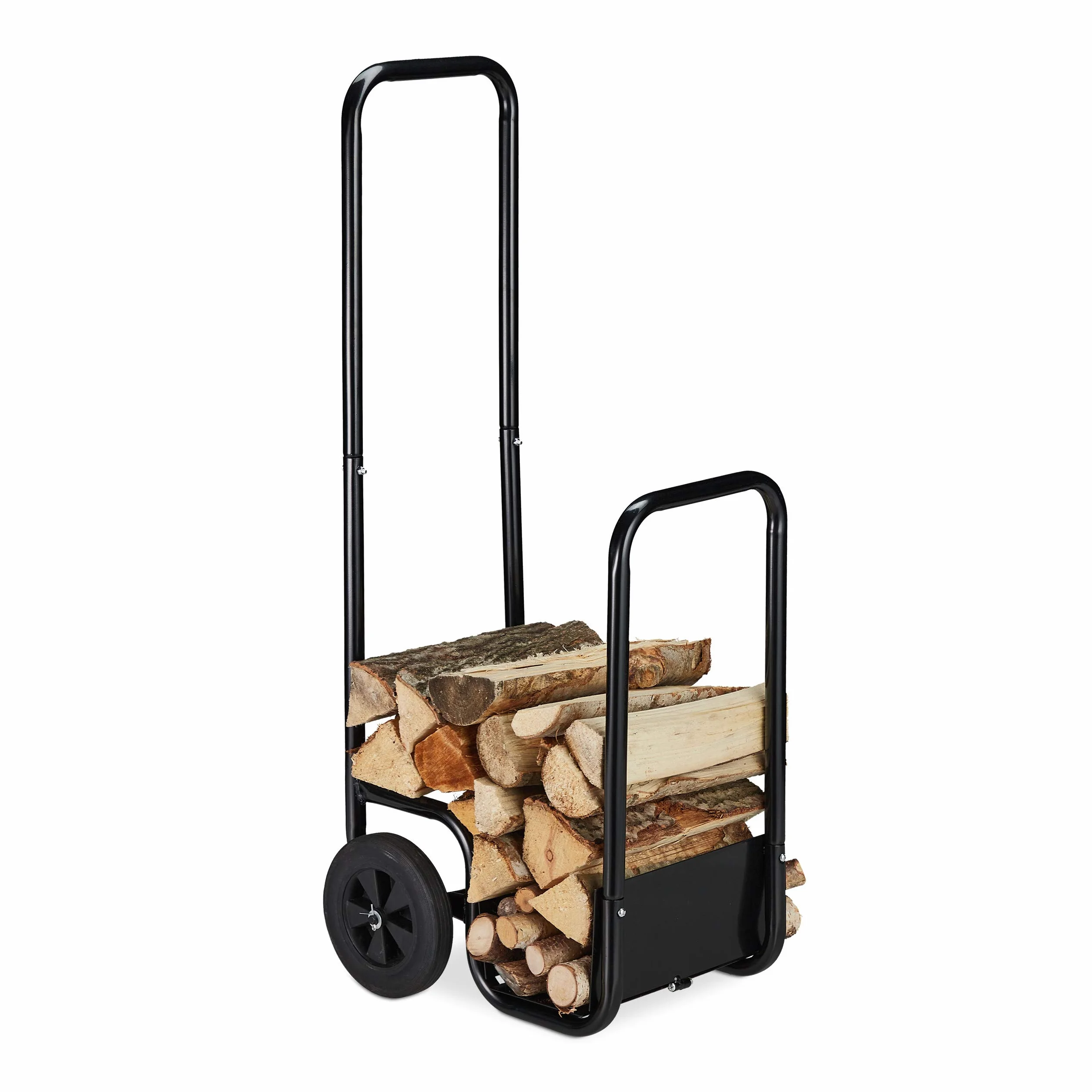 Relaxdays Carro para Leña Acero 2 Ruedas, Carretilla para Almacenaje y Transporte 40kg Leños, Leñero 100x43x40 cm, Negro