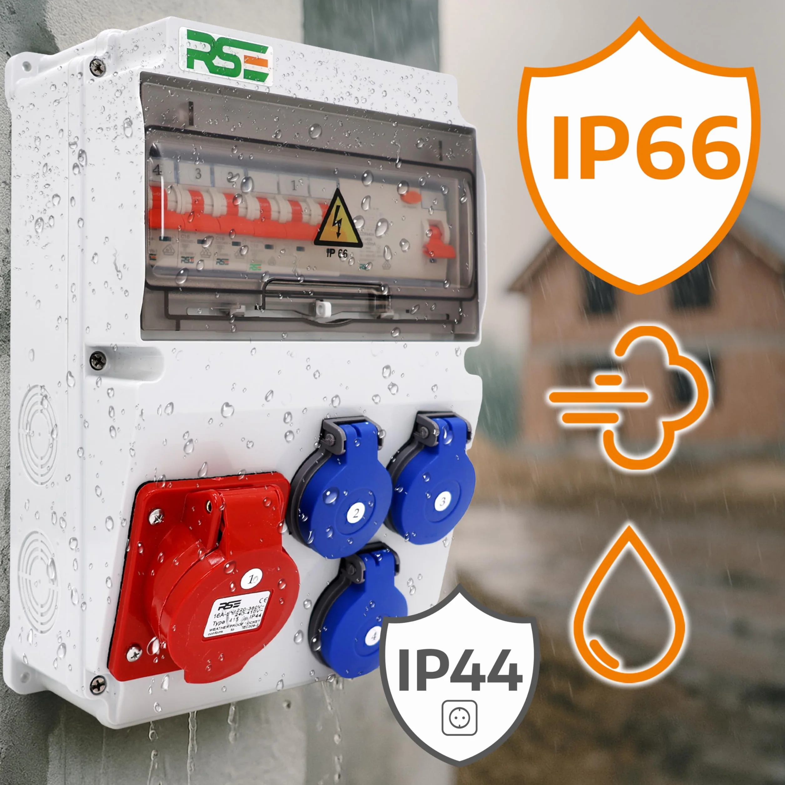 Distribuidor de corriente de pared totalmente cableado 32A 16A 230V con enchufe CEE IP65, 9. 1 x 32 A, 1 x 16 A, 3 x 230 con LS+FI