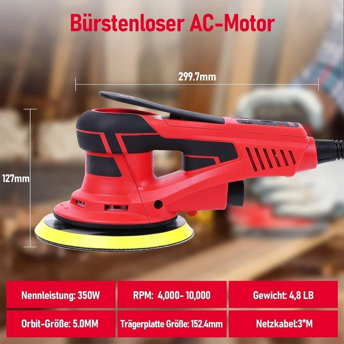 Lijadora Excéntrica 5.0 mm sin Escobillas PioneerWorks, 350W Lijadora Orbital 150mm, 4000-10000RPM, para Superficies de Madera, Incluye 12 Hojas de Papel de Lija