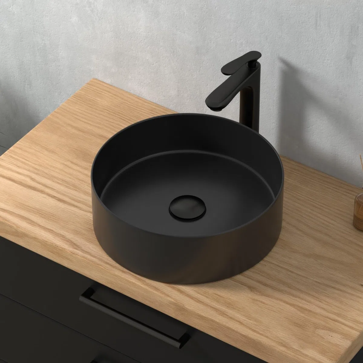 Lavabo negro, redondo, pequeño lavabo de mano en diseño elegante y fácil de limpiar para baño y aseo de invitados (negro mate, 39,5 x 39,5 x 13 cm)