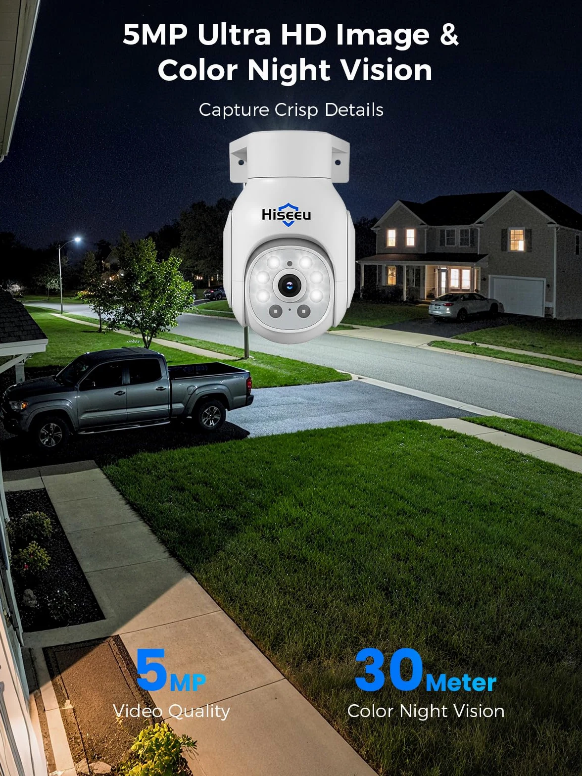 Hiseeu Kit Camaras Vigilancia PoE 5MP, Sistema Seguridad Exterior con Monitor 10'' y HDD 3TB, NVR 8CH PTZ, Vision Nocturna Color 30M, Registro 24/7