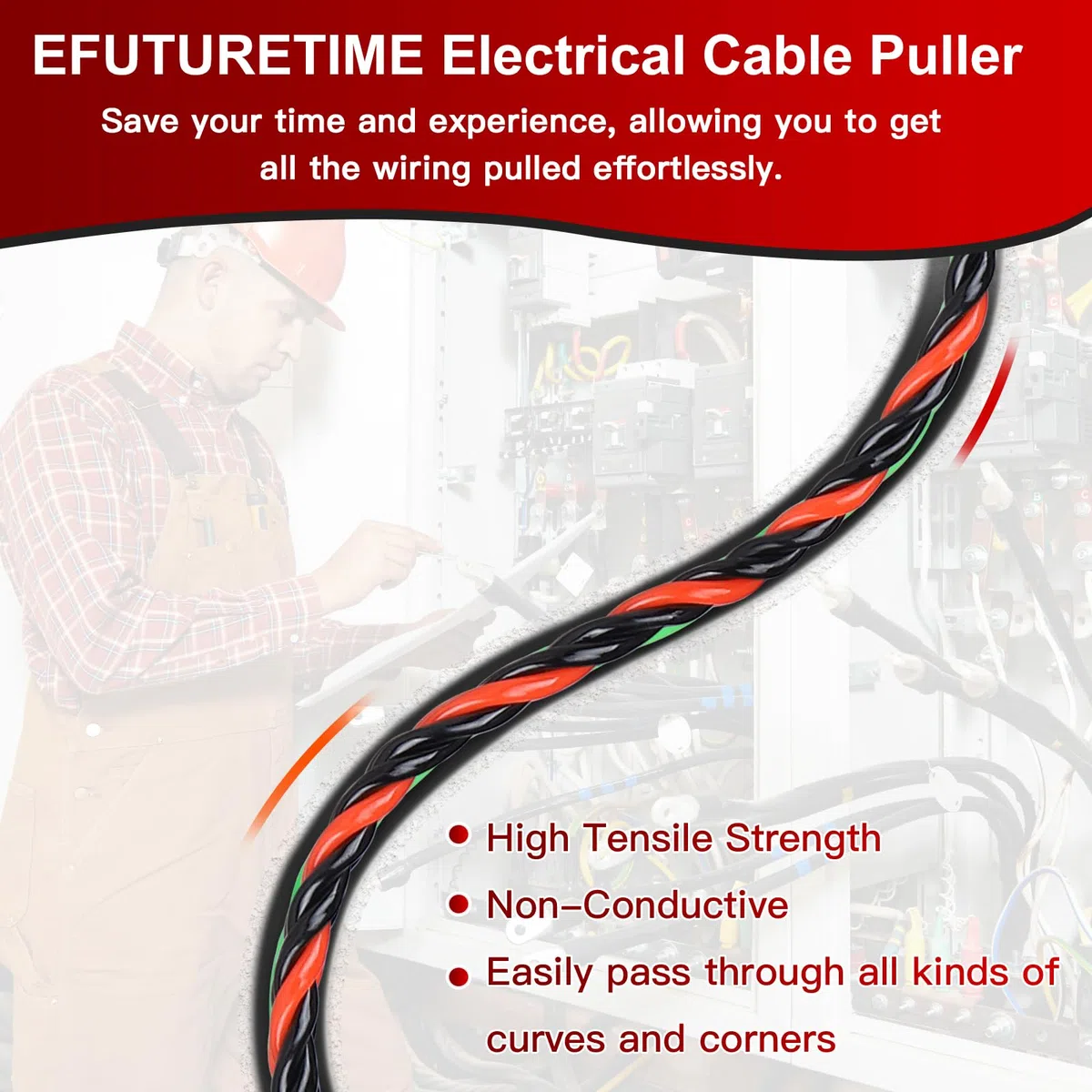 EFUTURETIME Guia Pasacables Pared 50m, Cable Puller 6mm con 2 Muelle de Guía, 3 Cintas de Amarre, Enhebrador de Alambre Electrico para Instalación y Desinstalación de Cables