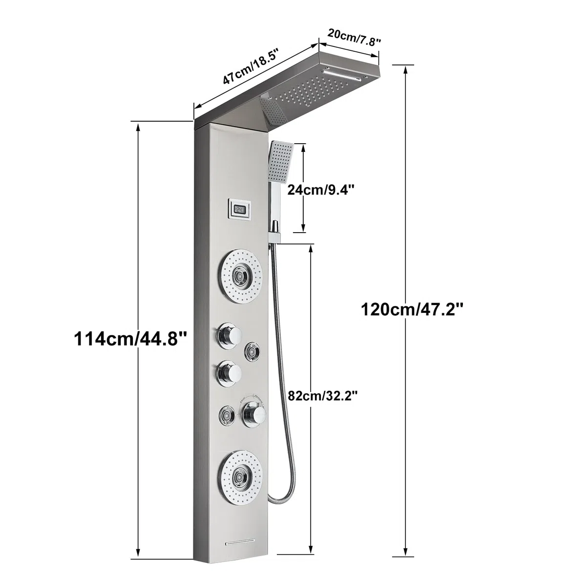 Columna de Ducha con Pantalla LCD, Sistema de Panel de Hidromasaje 3 en 1, Cabezal de Lluvia Grande, Masaje Corporal, Acero Inoxidable Cepillado