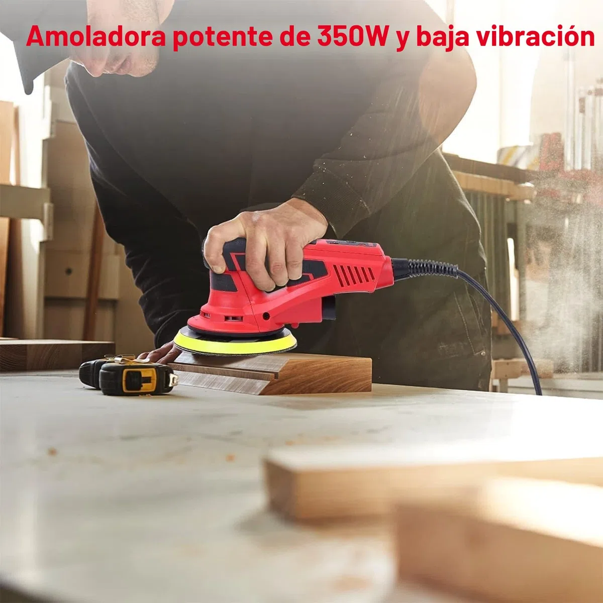 Lijadora Excéntrica 5.0 mm sin Escobillas PioneerWorks, 350W Lijadora Orbital 150mm, 4000-10000RPM, para Superficies de Madera, Incluye 12 Hojas de Papel de Lija