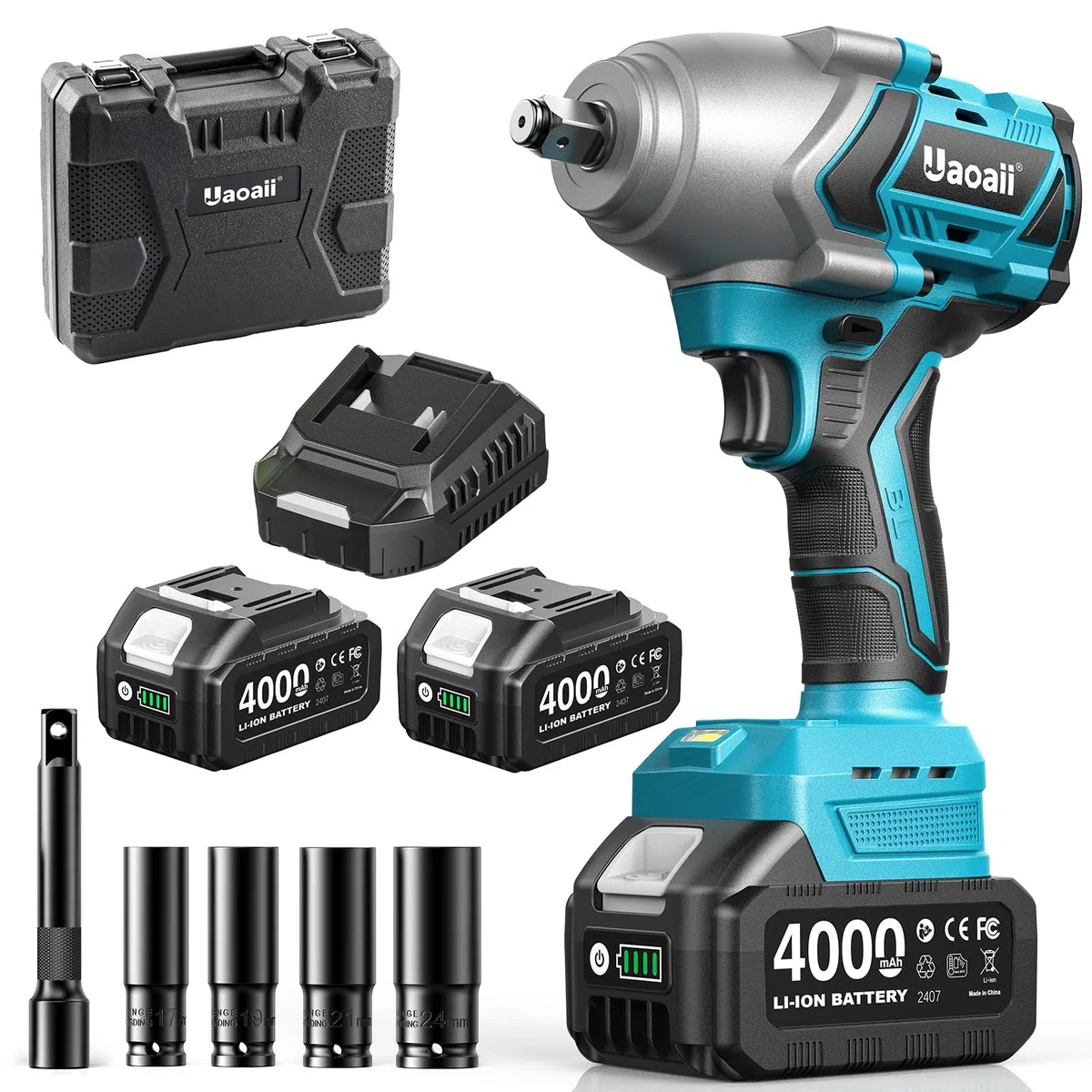 1400 Nm Llave de impacto inalámbrica 1/2", 2 baterías 4000 mAh con cargador rápido, 21V Llave de Impacto Eléctrica motor sin escobillas de alto rendimiento ideal para coche, camión, garaje