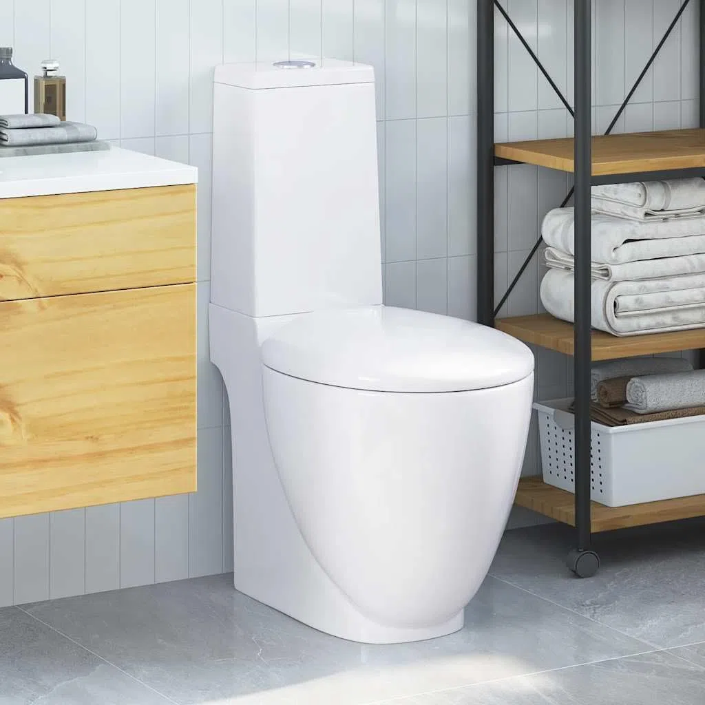 vidaXL Inodoro WC Redondo Váter Cuarto de Baño Aseo Asiento Tapa Bisagra Cierre Suave Ahorra Agua de Cerámica Flujo hacia Abajo Blanco