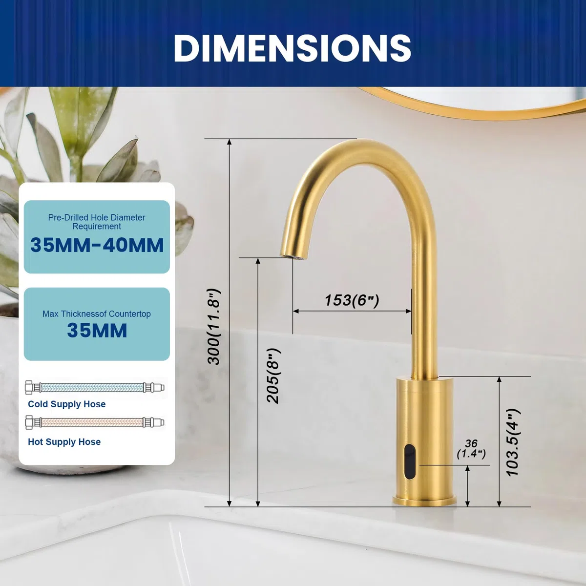 Sensor de grifo: grifo de baño sensor infrarrojo para baño – grifo de baño automático con caja de control – mezclador de temperatura, oro