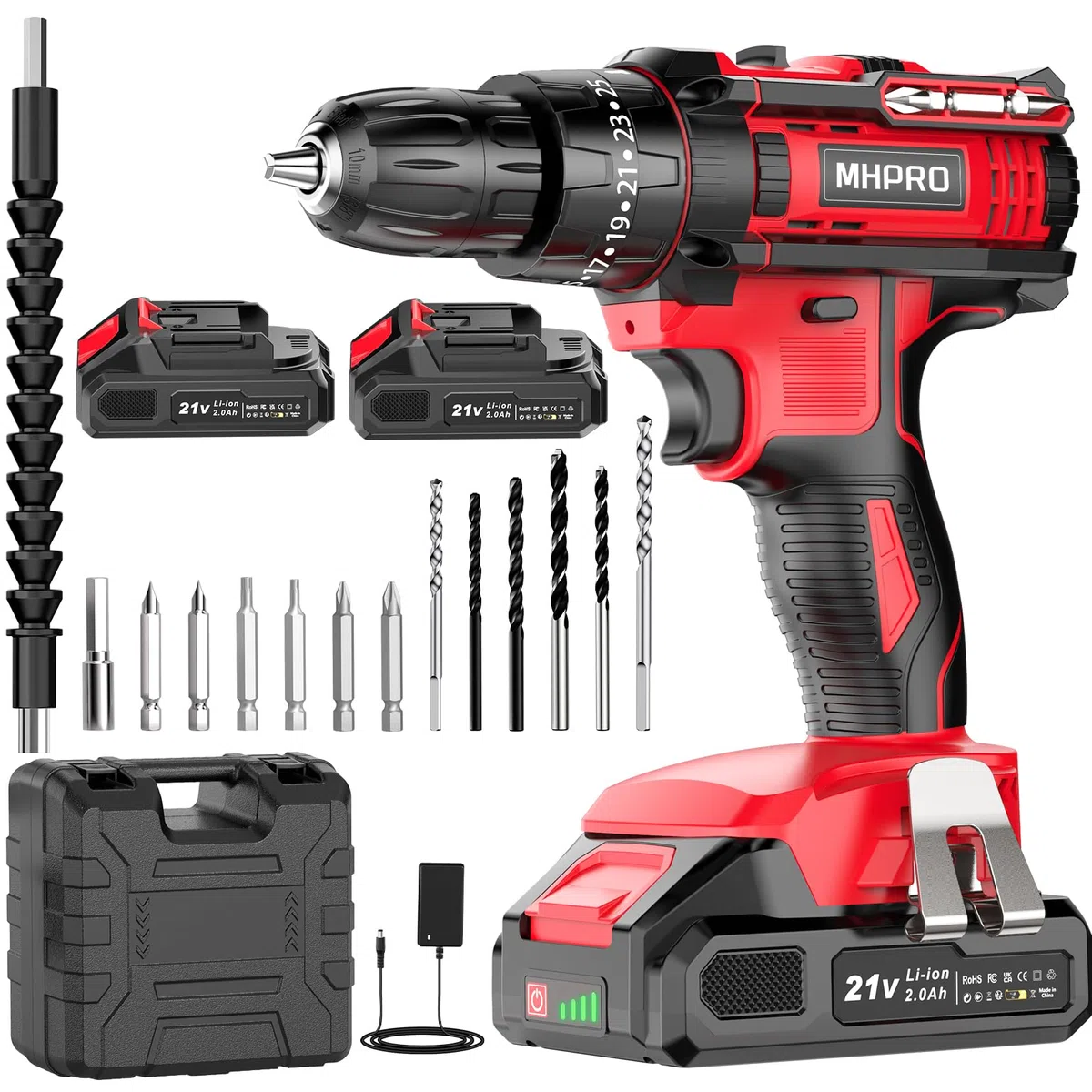 MHPRO Taladro Percutor a Bateria 21V, Taladro Atornillador Bateria con 2 Baterías 2000mAh, 42Nm, 25+3 Ajuste de Par Destornillador Electrico, 30 Accesorios, 2 Velocidad, LED Luz Para Hogar, Bricolaje